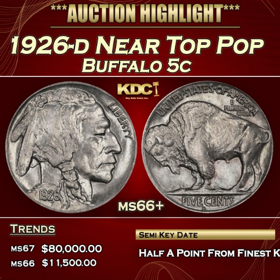 1926-d Buffalo Nickel Near Top Pop 5c ms66+ SEGS