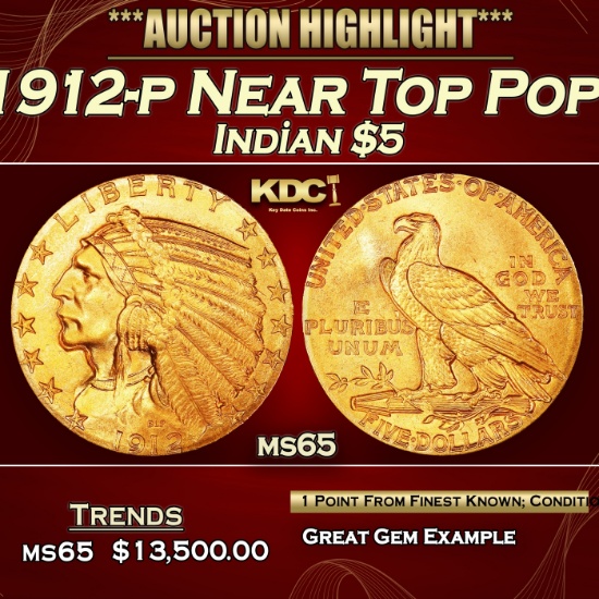 1912-p Gold Indian Half Eagle Near Top Pop! $5 ms65 USCG