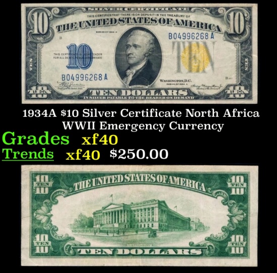 1934A $10 Silver Certificate North Africa WWII Emergency Currency Grades xf