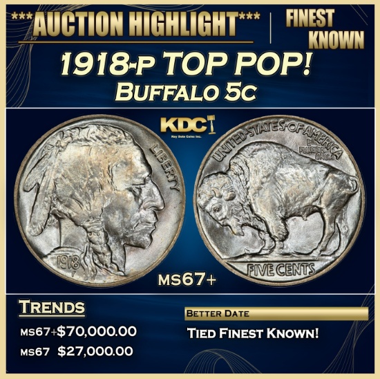 1918-p Buffalo Nickel TOP POP! 5c ms67+ SEGS
