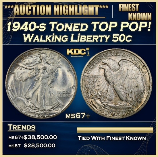 1940-s Walking Liberty Half Dollar Toned TOP POP! 50c ms67+ SEGS