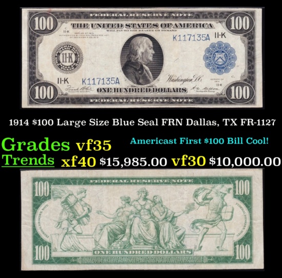 1914 $100 Large Size Blue Seal FRN Dallas, TX Grades vf++ FR-1127