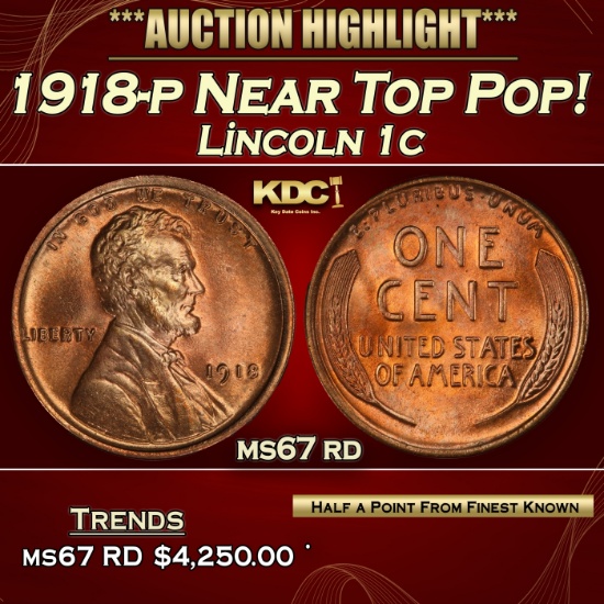 1918-p Lincoln Cent Near Top Pop! 1c ms67 rd SEGS