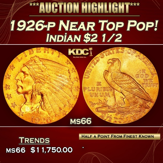 1926-p Gold Indian Quarter Eagle Near Top Pop! $2 1/2 ms66 USCG