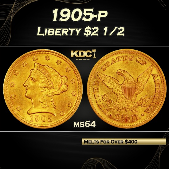 1905-p Gold Liberty Quarter Eagle $2 1/2 ms64 SEGS