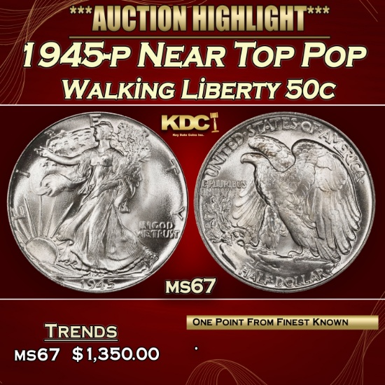 1945-p Walking Liberty Half Dollar Near Top Pop 50c ms67 SEGS