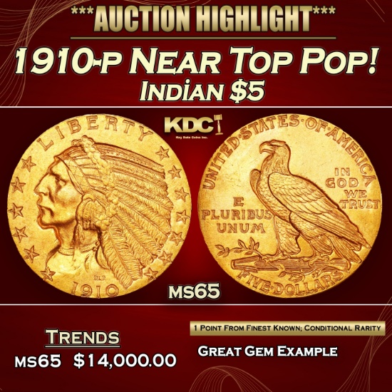 1910-p Gold Indian Half Eagle Near Top Pop! $5 ms65 USCG