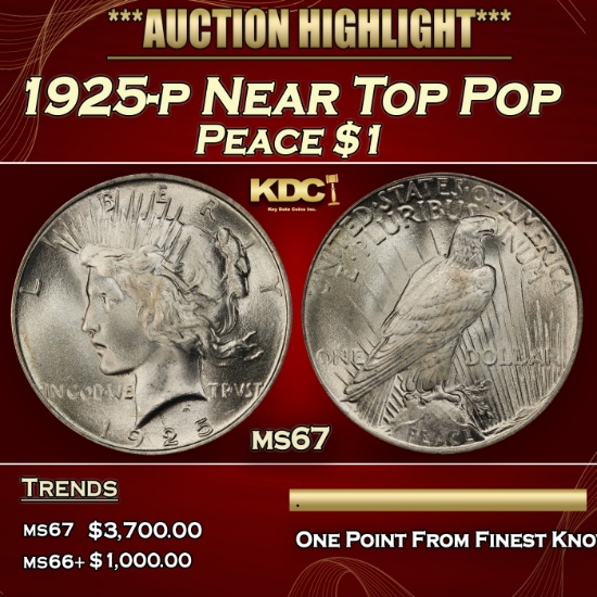 1925-p Peace Dollar Near Top Pop $1 ms67 SEGS