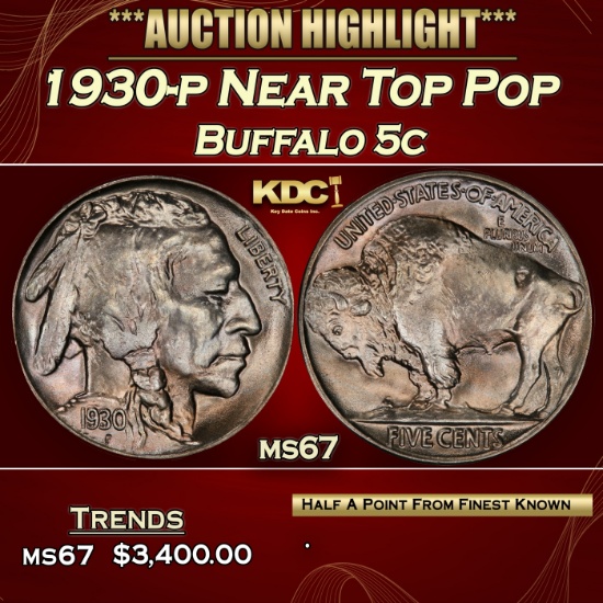 1930-p Buffalo Nickel Near Top Pop 5c ms67 SEGS