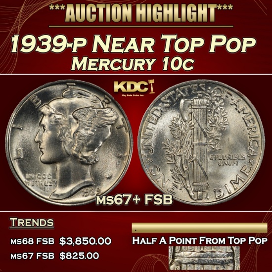 1939-p Mercury Dime Near Top Pop 10c ms67+ FSB SEGS