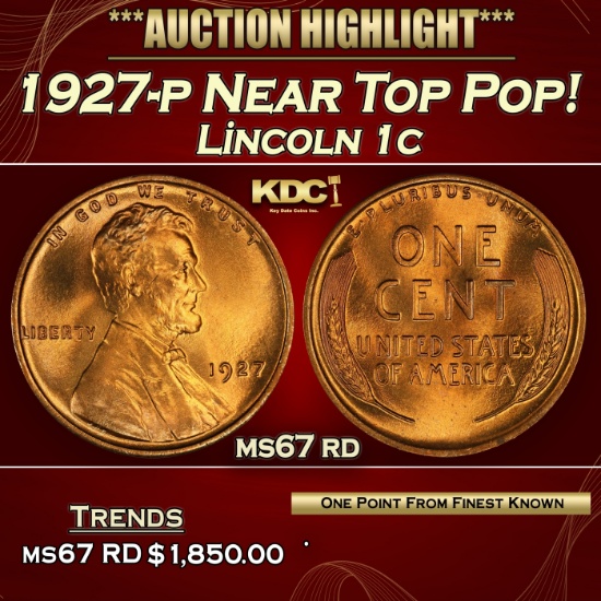 1927-p Lincoln Cent Near Top Pop! 1c ms67 rd SEGS