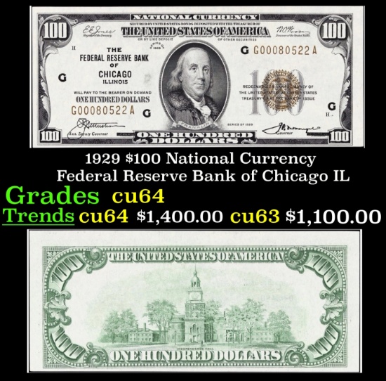 1929 $100 National Currency Federal Reserve Bank of Chicago Grades Choice CU