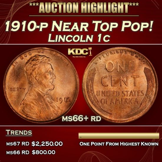 1910-p Lincoln Cent Near Top Pop! 1c ms66+ rd SEGS