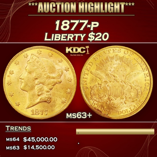 1877-p Gold Liberty Double Eagle $20 ms63+ SEGS