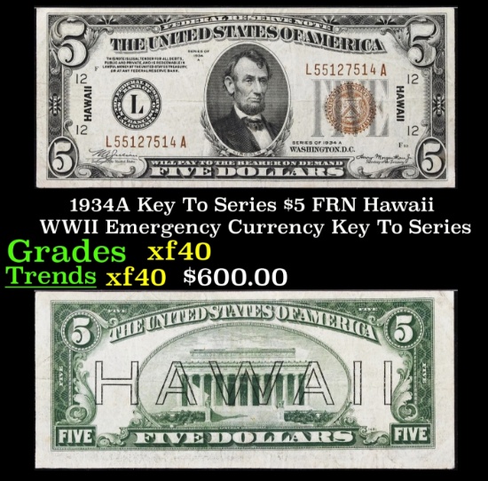 1934A $5 FRN Hawaii WWII Emergency Currency Key To Series Key To Series Grades xf