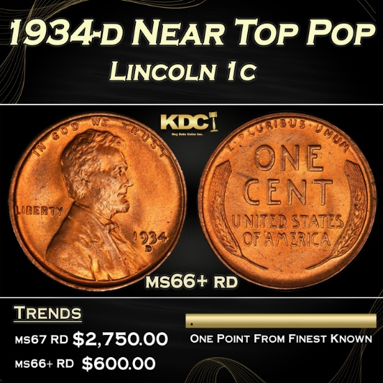 1934-d Lincoln Cent Near Top Pop 1c ms66+ rd SEGS