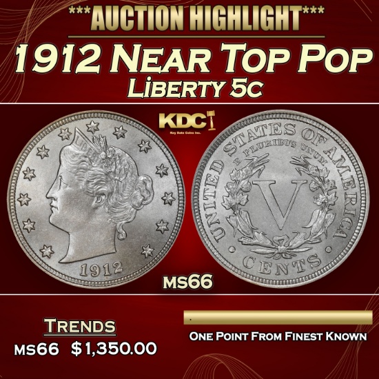 1912 Liberty Nickel Near Top Pop 5c ms66 SEGS