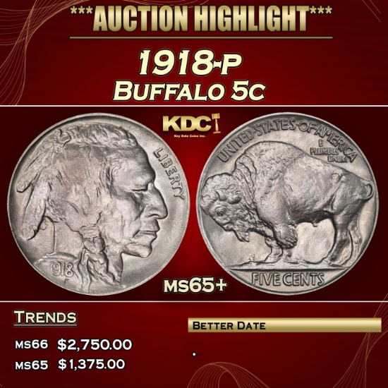 1918-p Buffalo Nickel 5c ms65+ SEGS