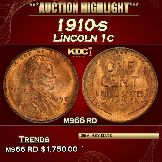 1910-s Lincoln Cent 1c ms66 rd SEGS