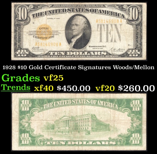 1928 $10 Gold Certificate Signatures Woods/Mellon Grades vf+