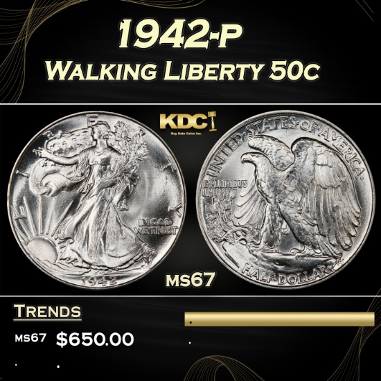 1942-p Walking Liberty Half Dollar 50c ms67 SEGS
