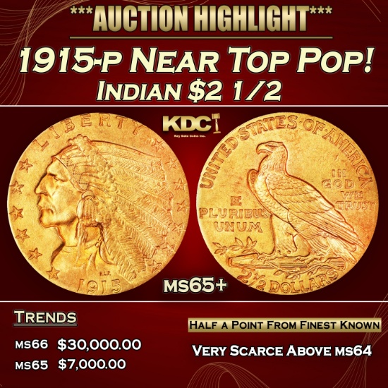 1915-p Gold Indian Quarter Eagle Near Top Pop! $2 1/2 ms65+ USCG