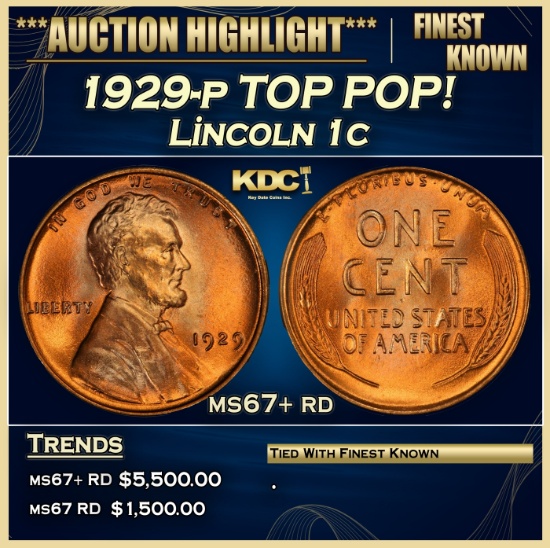 1929-p Lincoln Cent TOP POP! 1c ms67+ rd SEGS