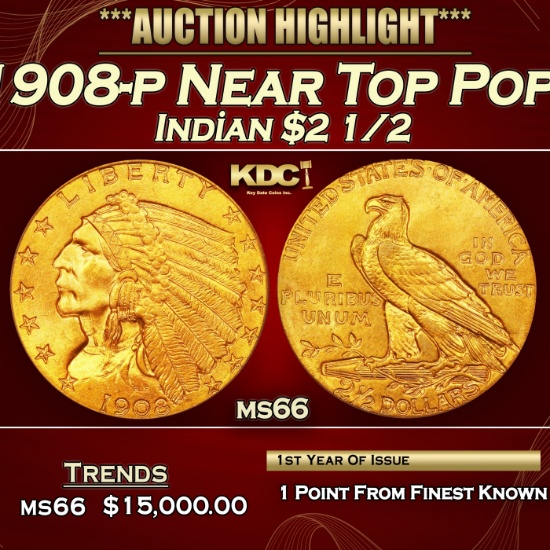 1908-p Gold Indian Quarter Eagle Near Top Pop! $2 1/2 ms66 USCG