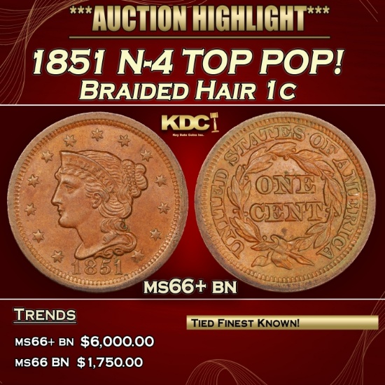 1851 Braided Hair Large Cent N-4 TOP POP! 1c ms66+ bn SEGS