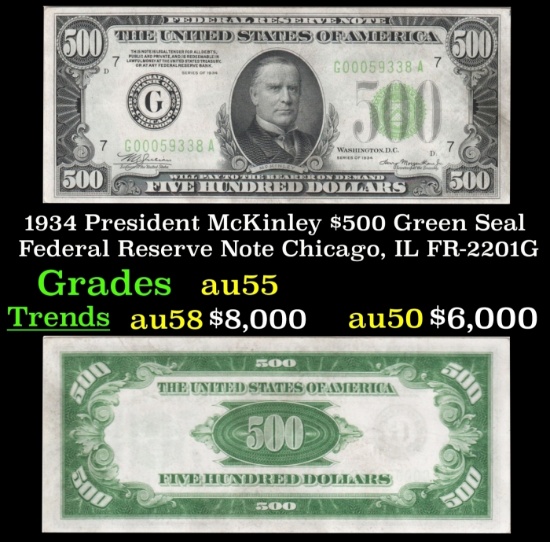 1934 $500 Green Seal Federal Reserve Note President McKinley Chicago, IL Grades Choice AU FR-2201G