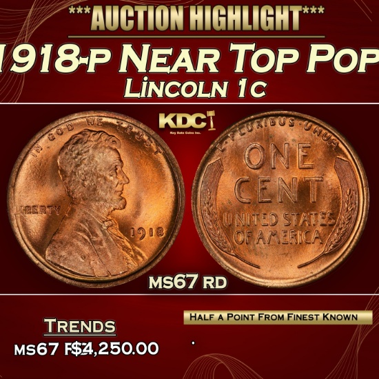 1918-p Lincoln Cent Near Top Pop! 1c ms67 rd SEGS