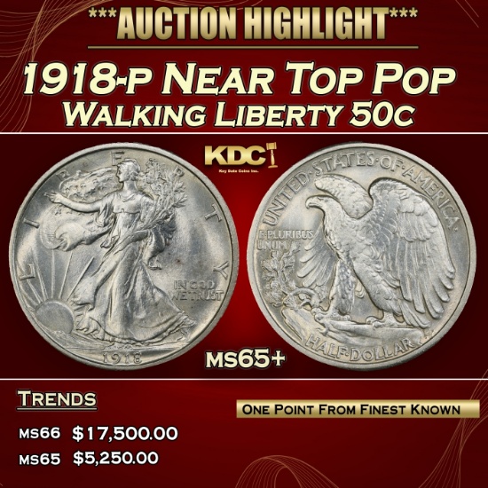 1918-p Walking Liberty Half Dollar Near Top Pop 50c ms65+ SEGS