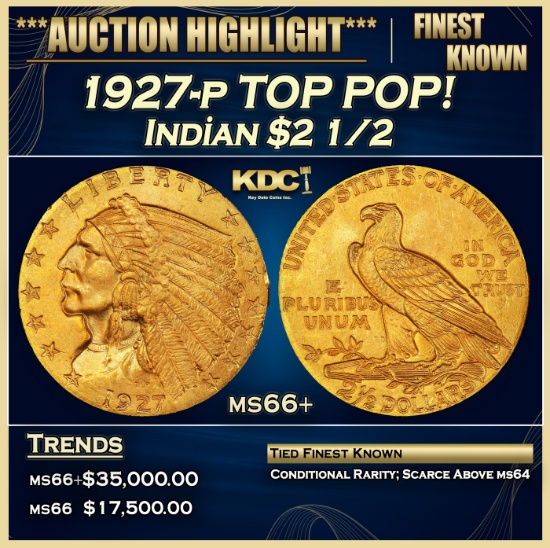 1927-p Gold Indian Quarter Eagle TOP POP! $2 1/2 ms66+ USCG