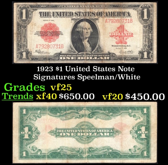 1923 $1 United States Note Grades vf+ Signatures Speelman/White