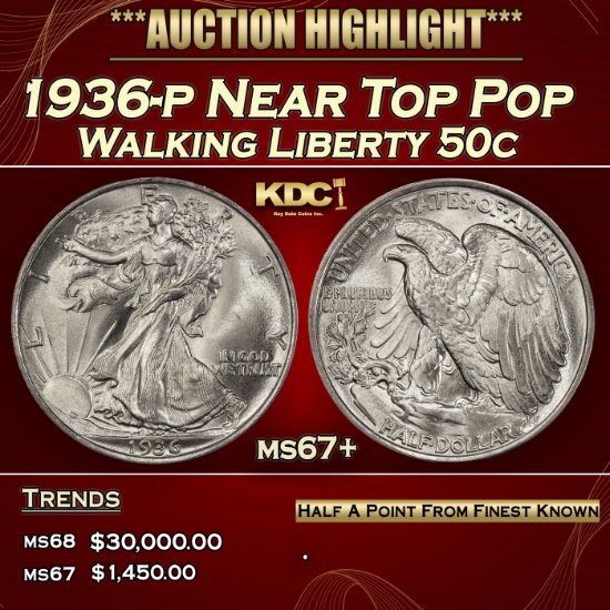 1936-p Walking Liberty Half Dollar Near Top Pop 50c ms67+ SEGS