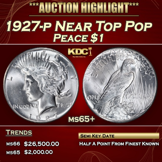 1927-p Peace Dollar Near Top Pop $1 ms65+ SEGS