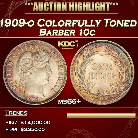 1909-o Barber Dime Colorfully Toned 10c ms66+ SEGS