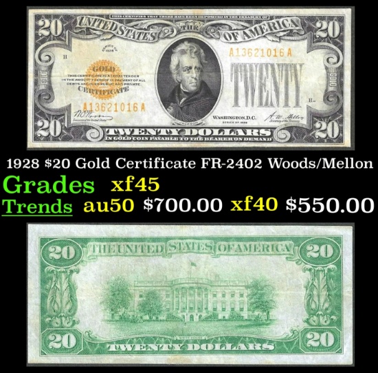 1928 $20 Gold Certificate FR-2402 Woods/Mellon Grades xf+