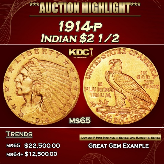 1914-p Gold Indian Quarter Eagle $2 1/2 ms65 SEGS