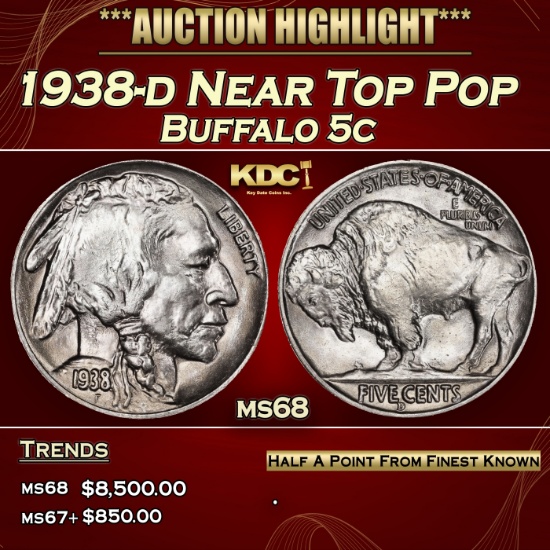 1938-d Buffalo Nickel Near Top Pop 5c ms68 SEGS