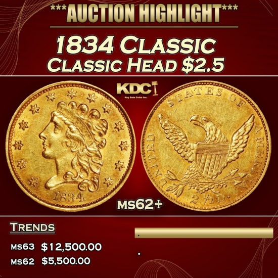 1834 Classic Classic Head Quarter Eagle Gold $2 1/2 ms62+ USCG