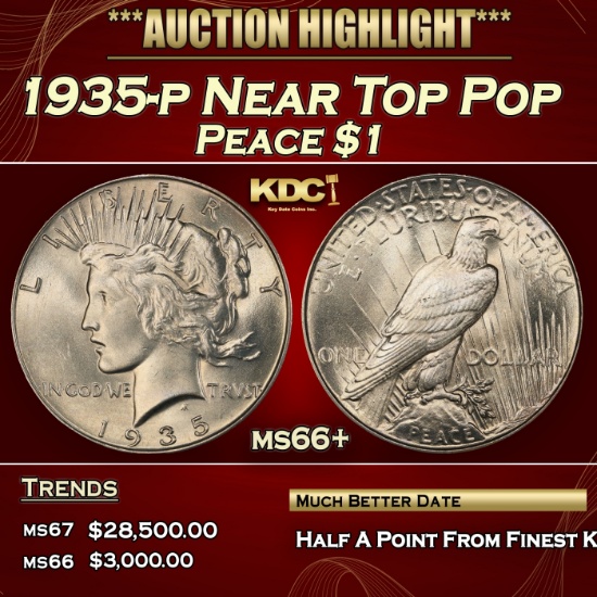 1935-p Peace Dollar Near Top Pop $1 ms66+ SEGS