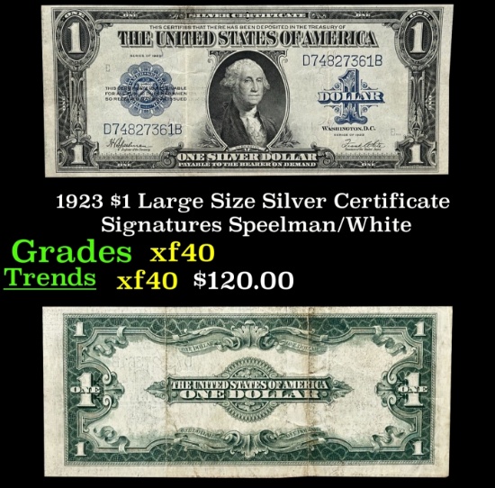 1923 $1 large size Silver Certificate Grades xf Signatures Speelman/White