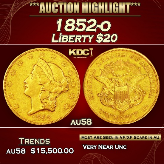 1852-o Gold Liberty Double Eagle $20 au58 SEGS