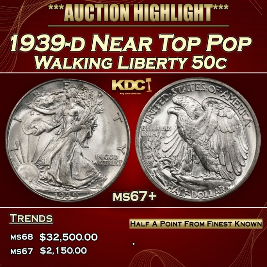 1939-d Walking Liberty Half Dollar Near Top Pop 50c ms67+ SEGS