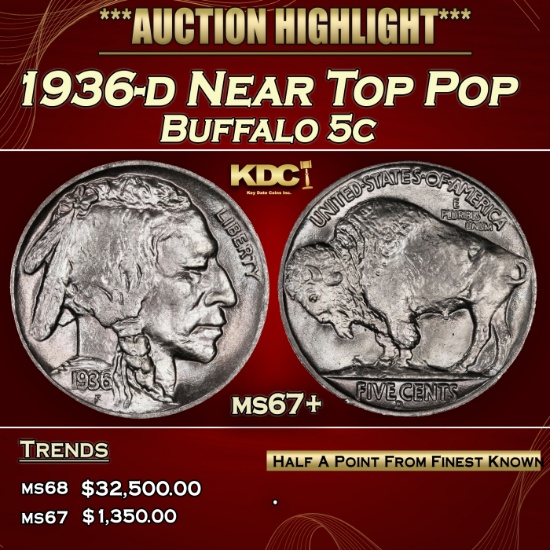 1936-d Buffalo Nickel Near Top Pop 5c ms67+ SEGS