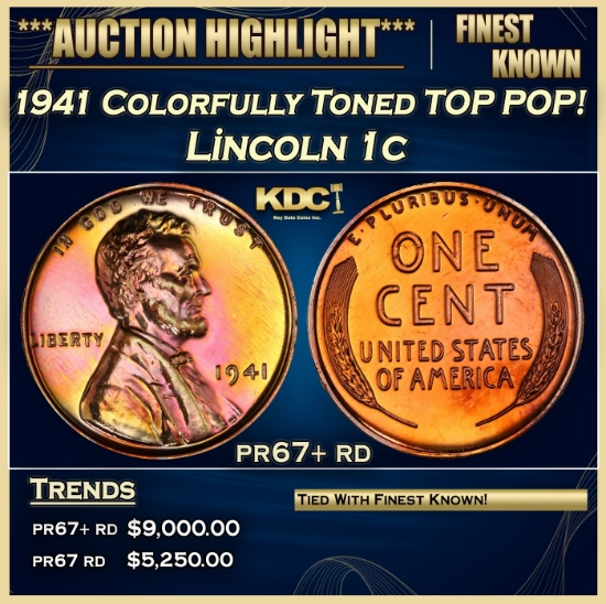 1941 Proof Lincoln Cent Colorfully Toned TOP POP! 1c pr67+ rd SEGS