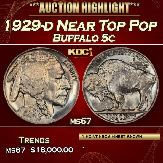 1929-d Buffalo Nickel Near Top Pop 5c ms67 SEGS