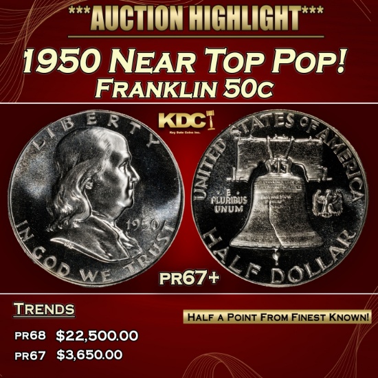 1950 Proof Franklin Half Dollar Near Top Pop! 50c pr67+ SEGS