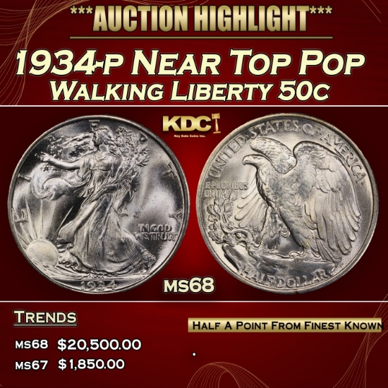 1934-p Walking Liberty Half Dollar Near Top Pop 50c ms68 SEGS